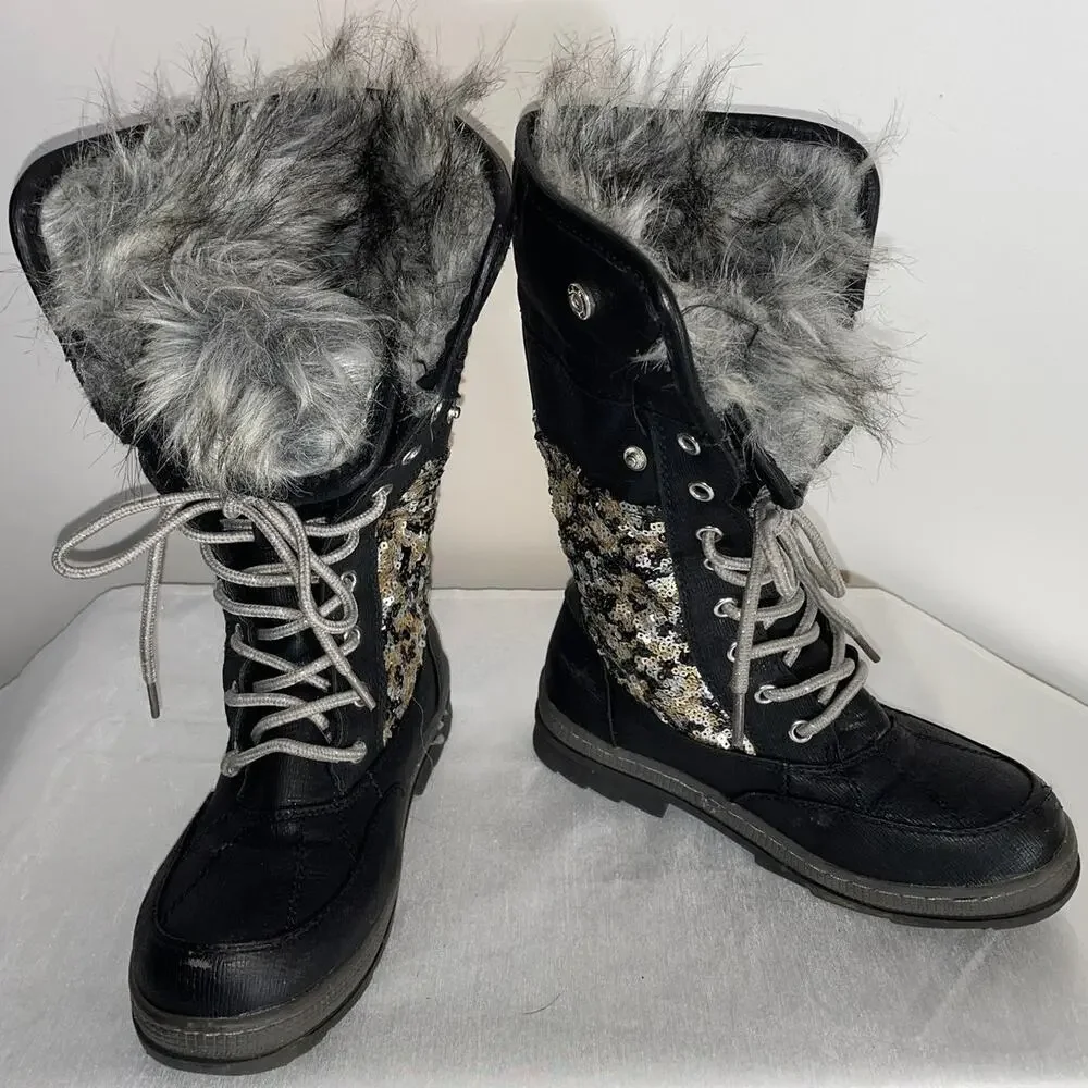 Justice Winter Boots w/ Sequins & Faux Fur - Girl's Size 3M - Fabulous!‎